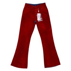 MAISON MARGIELA MM6 red velvet bonded blue cotton blend denim flared leg jeans